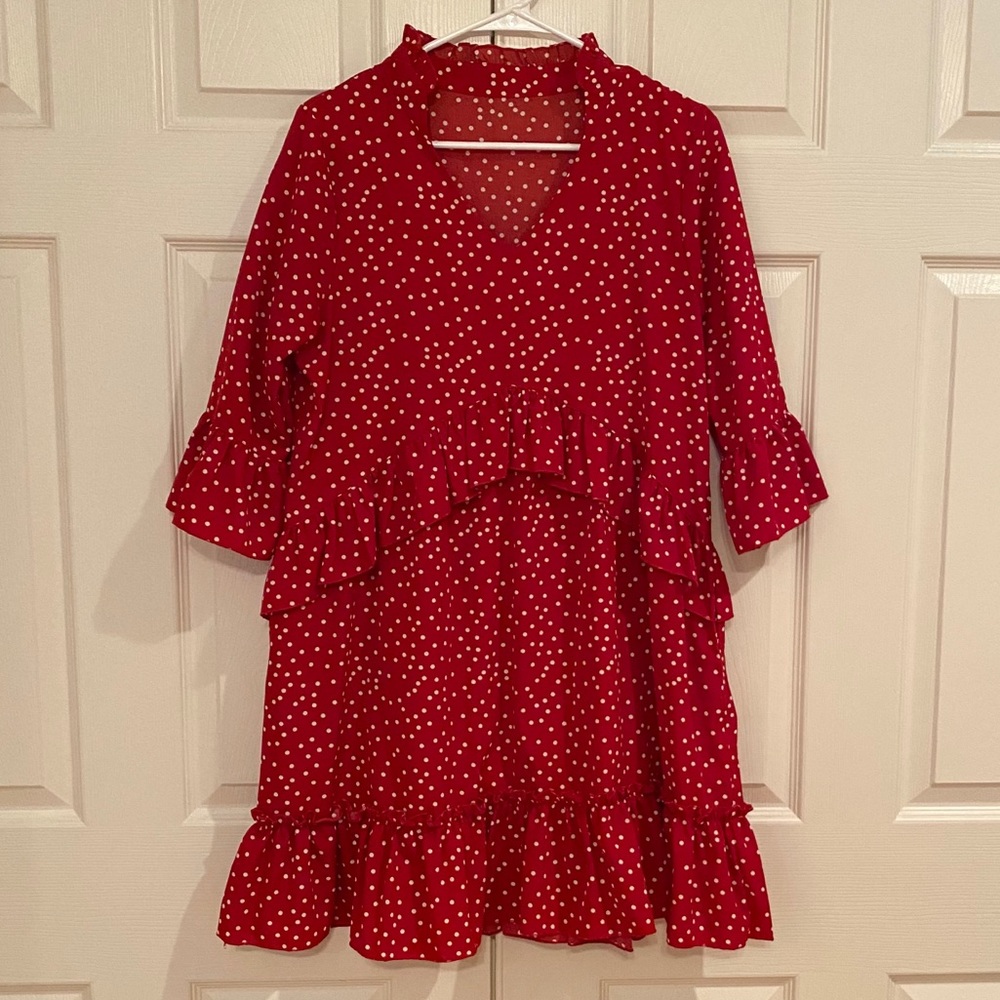 Red/White Print V Neck Woven Ruffle Dress